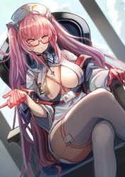 Rule 34 | 1girl, ahoge, azur lane, between breasts, bikini, black choker, breasts, chair, choker, cleavage, collared shirt, crossed legs, glasses, gloves, hand up, hat, highres, id card, lanyard, large breasts, long hair, looking at viewer, nurse cap, office chair, open clothes, open shirt, parted lips, perseus (azur lane), perseus (unfamiliar duties) (azur lane), pink bikini, pink eyes, pink gloves, red-framed eyewear, semi-rimless eyewear, shirt, sitting, solo, swimsuit, swivel chair, thighhighs, thighs, twintails, under-rim eyewear, very long hair, white hat, white shirt, white thighhighs, wing collar, yu ni t