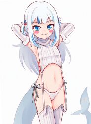 Rule 34 | 1girl, armpits, arms behind head, arms up, blue eyes, blue hair, blunt bangs, blush stickers, cable knit, commentary, cowboy shot, detached sleeves, dudul, english commentary, fang, fang out, fins, fish tail, flat chest, garter straps, gawr gura, gills, groin, highres, hololive, hololive english, long hair, long sleeves, looking at viewer, meme attire, multicolored hair, navel, panties, ribbed sleeves, ribbed thighhighs, shark tail, side-tie panties, simple background, skin fang, smile, solo, stomach, sweater, tail, thighhighs, turtleneck, turtleneck sweater, two-tone hair, two side up, underwear, virgin destroyer sweater, virtual youtuber, white background, white garter straps, white panties, white sweater, white thighhighs