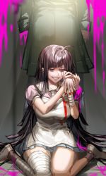 Rule 34 | 1girl, absurdres, ahoge, amputee, apron, bandaged arm, bandaged leg, bandages, black hair, blood, brown footwear, coat, commentary request, danganronpa (series), danganronpa 2: goodbye despair, ela (h an), from behind, green coat, grin, hand grab, hands up, highres, komaeda nagito, long hair, long sleeves, nail polish, on floor, own hands together, pink blood, pink shirt, pleated skirt, purple eyes, red nails, shirt, shoes, sitting, skirt, smile, smirk, solo, standing, tile floor, tiles, tsumiki mikan, wariza, white apron