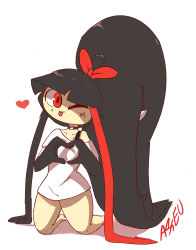Rule 34 | 1girl, absurdres, artist name, asekeu, barefoot, black bra, black hair, blush, bottomless, bow, bra, bra strap, closed mouth, collarbone, creatures (company), extra mouth, female focus, flat chest, full body, game freak, gen 3 pokemon, hair bow, happy, heart, heart hands, highres, kneeling, light blush, long hair, looking at viewer, mawile, multicolored hair, nintendo, no humans, off shoulder, one eye closed, personification, pokemon, pokemon (creature), red bow, red eyes, red hair, shirt, short sleeves, signature, simple background, smile, solo, tongue, tongue out, twintails, two-tone hair, underwear, very long hair, white background, white shirt, wink