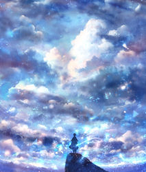 Rule 34 | 1girl, blue theme, cloud, dress, grass, highres, original, sakimori (hououbds), scenery, shawl, short hair, silhouette, sky, solo, sparkle