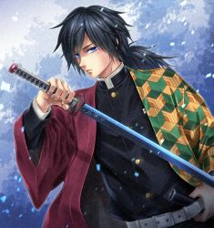 Rule 34 | 1boy, belt, black hair, black jacket, blue eyes, buttons, closed mouth, collar, collared jacket, forest, hand on belt, haori, highres, holding, holding sword, holding weapon, jacket, japanese clothes, katana, kimetsu no yaiba, long hair, long sleeves, looking at viewer, low ponytail, male focus, nature, outdoors, sheath, snowing, solo, standing, sword, tomioka giyuu, uniform, upper body, weapon, wide sleeves, yuuhi (yukivivi)