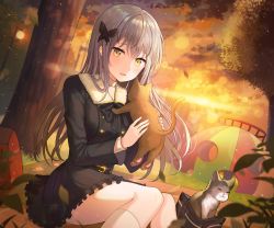 Rule 34 | 1girl, absurdres, animal, bag, bang dream!, belt, black bow, black bowtie, black dress, bow, bowtie, butterfly hair ornament, buttons, cat, double-breasted, dress, fur collar, grey hair, hair ornament, highres, holding, holding animal, long hair, long sleeves, minato yukina, open mouth, outdoors, playground, sitting, solo, sunset, tokkyu, tree, yellow eyes