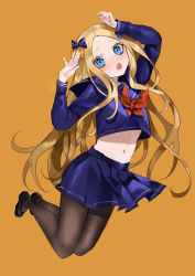 Rule 34 | 1girl, abigail williams (fate), alternate costume, bebe (bebe pp), black pantyhose, blonde hair, blue bow, blue eyes, blue serafuku, blush, bow, breasts, crop top, crop top overhang, fate/grand order, fate (series), forehead, highres, legs, long hair, long sleeves, looking at viewer, midriff, miniskirt, navel, neckerchief, open mouth, orange bow, pantyhose, parted bangs, pleated skirt, red neckerchief, sailor collar, school uniform, serafuku, simple background, skirt, small breasts, solo, stomach, yellow background