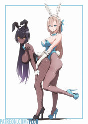 Rule 34 | 2girls, ahoge, animal ears, asuna (blue archive), asuna (bunny) (blue archive), asymmetrical bangs, bent over, black footwear, black hair, black leotard, blue archive, blue bow, blue eyes, blue footwear, blue leotard, blush, bow, bowtie, breasts, brown hair, brown legwear, cleavage, commentary, commentary typo, dark-skinned female, dark skin, detached collar, dry humping, embarrassed, english commentary, fake animal ears, fake tail, fishnet legwear, fishnets, flou (flou art), from side, full body, gloves, grabbing, grabbing from behind, hair ornament, hair over one eye, high heels, highleg, highleg leotard, highres, huge ahoge, humping, impossible clothes, impossible leotard, karin (blue archive), karin (bunny) (blue archive), large breasts, leg lift, leotard, long hair, multiple girls, number tattoo, orange eyes, paid reward available, pantyhose, playboy bunny, rabbit ears, rabbit tail, sexually suggestive, shoulder tattoo, sideboob, smile, stiletto heels, strapless, strapless leotard, tail, tattoo, thighband pantyhose, torso grab, traditional bowtie, white gloves, wrist cuffs, yuri