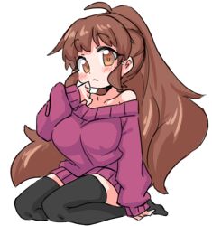 Rule 34 | 1girl, ahoge, arm at side, bare shoulders, big hair, black thighhighs, blush, breasts, brown eyes, brown hair, closed mouth, full body, hand to own mouth, hand up, large breasts, long hair, long sleeves, looking at viewer, no shoes, off-shoulder sweater, off shoulder, ponytail, purple sweater, rori (4chan), seiza, sitting, sketch, sleeves past wrists, solo, sweater, taneshima popura, thighhighs, wide ponytail, working!!, zettai ryouiki