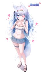 Rule 34 | 1girl, ;3, absurdres, animal ears, bare arms, bare legs, bare shoulders, blue eyes, blue hair, blue skirt, breasts, camisole, character name, cleavage, closed mouth, commission, crop top, fox ears, fox girl, fox tail, full body, gradient hair, hair ribbon, hairband, heart, heart hands, highres, honyang, jewelry, long hair, looking at viewer, medium breasts, midriff, miniskirt, multi-strapped camisole, multicolored hair, navel, necklace, one eye closed, one side up, original, ribbon, sandals, shirt, simple background, skirt, sleeveless, sleeveless shirt, smile, solo, spaghetti strap, standing, stomach, tail, thigh strap, thighs, very long hair, white background, white shirt