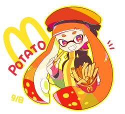 1girl beret black_jacket blunt_bangs blush_stickers commentary_request dot_nose food french_fries grin hat holding holding_food inkling inkling_girl inkling_player_character jacket long_hair long_sleeves looking_at_viewer mcdonald&#039;s nintendo notice_lines orange_hair orange_hat outline pink_eyes pointy_ears smile solo splatoon_(series) splatoon_2 symbol-shaped_pupils tentacle_hair twintails v-shaped_eyebrows white_background whitedays yellow_outline yellow_pupils