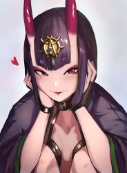 Rule 34 | 1girl, absurdres, blush, bob cut, breasts, bridal gauntlets, closed mouth, eyeliner, fate/grand order, fate (series), hands on own cheeks, hands on own face, headpiece, heart, highres, horns, japanese clothes, kimono, knees up, long sleeves, looking at viewer, main0567, makeup, oni, purple hair, purple kimono, red eyes, revealing clothes, short eyebrows, short hair, shuten douji (fate), sitting, skin-covered horns, small breasts, smile, solo, tongue, tongue out, wide sleeves