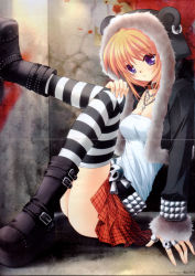 Rule 34 | blush, hinoue itaru, miniskirt, skirt, solo, striped clothes, striped thighhighs, tagme, thighhighs