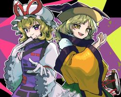 Rule 34 | 2girls, black border, black headwear, blonde hair, blush, border, bow, breasts, brown hair, brown headwear, cape, closed mouth, commentary request, detached sleeves, dress, drum, frills, gloves, green background, green skirt, hair between eyes, hand fan, hand up, hands up, hat, hat bow, highres, howhow notei, instrument, juliet sleeves, light brown hair, long sleeves, looking at viewer, matara okina, medium breasts, medium hair, mob cap, multicolored background, multiple girls, open mouth, orange cape, pink background, puffy sleeves, purple background, purple eyes, red bow, shirt, short hair, skirt, smile, standing, tabard, teeth, tongue, touhou, tsuzumi, wavy hair, white dress, white gloves, white headwear, white shirt, wide sleeves, yakumo yukari, yellow eyes