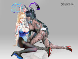 Rule 34 | 2girls, animal ears, artist name, ass, asuna (blue archive), asuna (bunny) (blue archive), bare shoulders, black hair, black leotard, blonde hair, blue archive, blue bow, blue bowtie, blue eyes, blue leotard, bow, bowtie, breasts, card, cleavage, covered navel, dark-skinned female, dark skin, detached collar, english text, fake animal ears, fishnet pantyhose, fishnets, gloves, gradient background, hair between eyes, hair over one eye, halo, hand on own chest, high heels, holding, holding card, karin (blue archive), karin (bunny) (blue archive), large breasts, leotard, mole, mole on breast, multiple girls, number tattoo, open mouth, pantyhose, playboy bunny, playing card, ponytail, rabbit ears, riyu (gauzama), sidelocks, tattoo, thighband pantyhose, white gloves, wrist cuffs, yellow eyes