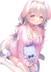 Rule 34 | 1girl, animal ears, bow, breasts, camisole, choker, collarbone, commentary request, criss-cross halter, hair between eyes, hair bow, halterneck, highres, holding, holding stuffed toy, jacket, large breasts, long hair, looking at viewer, no shoes, open clothes, open jacket, original, parted lips, pink bow, pink jacket, purple camisole, purple choker, purple shorts, rabbit ears, rabbit girl, rabbit tail, red eyes, short shorts, shorts, simple background, sitting, solo, stuffed animal, stuffed cat, stuffed toy, tail, thighhighs, usashiro mani, very long hair, wariza, white background, white hair, white thighhighs