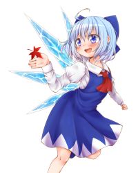 Rule 34 | 1girl, ahoge, ascot, blue eyes, blue hair, blush, bow, cirno, collared shirt, dress, hair bow, ice, ice wings, juliet sleeves, leaf, long sleeves, maple leaf, matching hair/eyes, namino., puffy sleeves, shirt, short hair, solo, tareme, touhou, white background, wings