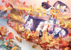 Rule 34 | 1girl, autumn, autumn leaves, black dress, blonde hair, blue eyes, boots, bow, braid, broom, broom riding, dress, falling leaves, floating hair, frilled dress, frills, hat, hat bow, kirisame marisa, leaf, long hair, maple leaf, mushroom, sidesaddle, single braid, smile, solo, tg, touhou, very long hair, vest, white bow, witch hat