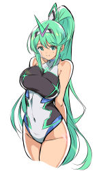 Rule 34 | 1girl, absurdres, bare arms, bare shoulders, breasts, competition swimsuit, covered navel, cowboy shot, earrings, green eyes, green hair, highres, jewelry, large breasts, long hair, looking at viewer, nintendo, one-piece swimsuit, pneuma (xenoblade), ponytail, simple background, smile, solo, spoilers, swept bangs, swimsuit, tiara, very long hair, white background, xenoblade chronicles (series), xenoblade chronicles 2, yuuuun0218