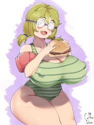 Rule 34 | 1girl, artist name, bare shoulders, blush, breasts, burger, cleavage, coffeeslice, coke-bottle glasses, covered erect nipples, curvy, glasses, green hair, highres, huge breasts, nerd (coffeeslice), one-piece swimsuit, open mouth, original, plump, round eyewear, short hair, solo, standing, striped clothes, striped one-piece swimsuit, swimsuit, taut clothes, taut swimsuit, thick thighs, thighs, twintails