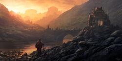 Rule 34 | 1other, ambiguous gender, andreas rocha, bridge, building, cane, cape, cloud, cloudy sky, flag, from behind, gate, highres, landscape, orange sky, original, outdoors, realistic, red cape, river, rock, scenery, sky, solo, standing, sunset, water, wide shot