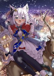 Rule 34 | 1girl, ahoge, animal ear fluff, animal ears, antlers, arm up, blue bow, blue hair, blue jacket, blurry, blurry background, blush, bow, box, breasts, capelet, christmas, crossed bangs, crown, dress, flying, fox ears, frills, fubuchun, gift, gift box, hair between eyes, hair ornament, hair ribbon, hairclip, hand up, highres, holding, hololive, horns, house, jacket, jinbei (user tpny4757), long braid, long sleeves, medium hair, mini crown, night, open mouth, outdoors, red bow, reindeer, reindeer antlers, ribbon, sack, sash, shirakami fubuki, sitting on animal, small breasts, snow, snowing, solo focus, virtual youtuber, white dress, white hair