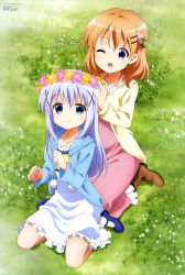 Rule 34 | 2girls, ;d, absurdres, ankle boots, blue eyes, blue footwear, blue hair, blush, boots, brown footwear, buckle, cardigan, casual, clenched hands, closed mouth, day, drawstring, dress, dutch angle, flat chest, flower, frilled dress, frills, from above, gochuumon wa usagi desu ka?, grass, hair between eyes, hair flower, hair ornament, hairclip, hand on another&#039;s head, hand up, head wreath, highres, hood, hoodie, hoto cocoa, kafuu chino, light smile, long sleeves, looking at viewer, mary janes, megami magazine, multiple girls, official art, on ground, one eye closed, open clothes, open hoodie, open mouth, orange hair, outdoors, pink dress, pom pom (clothes), purple eyes, purple hair, raised eyebrows, scan, seiza, shoes, sidelocks, sitting, smile, totani kento, toya kento, wariza, white dress, x hair ornament