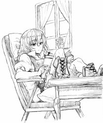 Rule 34 | 1girl, bloomers, book, boots, bow, braid, chair, closed mouth, cross-laced footwear, curtains, expressionless, flower, flower pot, full body, greyscale, hair between eyes, hair bow, holding, holding book, kirisame marisa, lace-up boots, long hair, monochrome, nathaniel pennel, open book, pillow, puffy short sleeves, puffy sleeves, reading, short sleeves, side braid, simple background, single braid, sitting, solo, table, touhou, underwear, white background, window