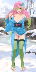 Rule 34 | 1girl, absurdres, aqua sash, armpit crease, bare shoulders, bare tree, blue flower, blue kimono, blue sky, blush, breasts, cameltoe, cleft of venus, collarbone, commentary, commentary request, day, english commentary, fingernails, floral print, floral print kimono, flower, full body, gluteal fold, gradient hair, green eyes, green hair, green thighhighs, groin, hair between eyes, hair flower, hair ornament, highres, japanese clothes, kanroji mitsuri, kimetsu no yaiba, kimono, large breasts, long hair, long sleeves, looking at viewer, mixed-language commentary, mole, mole under each eye, mole under eye, mountain, multicolored hair, multiple moles, nail polish, no shoes, open mouth, outdoors, panties, pink hair, pink nails, print kimono, ribbed thighhighs, sky, smile, snow, solo, standing, teeth, thighhighs, thighs, toenail polish, toenails, toes, tree, tri braids, tri tails, two-tone hair, underwear, upper teeth only, waterring, white panties, wide sleeves, yukata