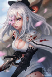 Rule 34 | 1girl, blood, blood on clothes, blood on face, breasts, cape, cleavage, drag-on dragoon, drag-on dragoon 3, flower, flower eyepatch, flower over eye, gauntlets, holding, holding sword, holding weapon, koyorin, large breasts, long hair, looking at viewer, purple eyes, smile, solo, sword, weapon, white hair, zero (drag-on dragoon)