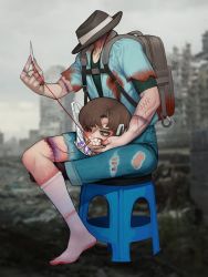 Rule 34 | 1boy, amputee, backpack, bag, black eyes, blood, blood on clothes, blue shirt, blue shorts, blurry, blurry background, brown hair, clenched teeth, colored sclera, denim, denim shorts, depth of field, disembodied head, grey bag, grey hat, hat, highres, male focus, mismatched sclera, mouth hold, needle, original, post-apocalypse, red sclera, ruins, sewing needle, sharp teeth, shirt, short sleeves, shorts, sitting, socks, solo, sparrowl, stitched face, stitched fingers, stitched hand, stitched leg, stitches, stitching, stool, string, teeth, torn clothes, torn shorts, white socks, zombie