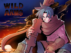 Rule 34 | 1boy, ahoge, ashley winchester, bayonet, blue hair, cape, closed mouth, cloud, gloves, green eyes, gun, looking at viewer, male focus, scarf, smile, solo, tukiwani, weapon, wild arms, wild arms 2