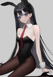 Rule 34 | 1girl, absurdres, animal ears, bamme o3o, bare shoulders, black hair, black leotard, blue eyes, breasts, brown pantyhose, copyright request, detached collar, fake animal ears, frown, grey background, highres, leotard, long hair, looking at viewer, medium breasts, necktie, original, pantyhose, playboy bunny, rabbit ears, red necktie, simple background, sitting, solo, strapless, strapless leotard, wrist cuffs
