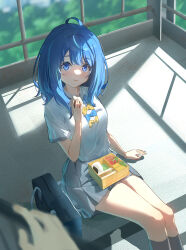 Rule 34 | 1boy, 1girl, absurdres, ahoge, airaila, bag, bento, blue bow, blue bowtie, blue eyes, blue hair, bow, bowtie, closed mouth, day, eating, food, grey skirt, highres, holding, holding food, kneehighs, looking at viewer, make heroine ga oo sugiru!, medium hair, miniskirt, onigiri, outdoors, pleated skirt, school bag, school uniform, shirt, shirt tucked in, sitting, sitting on stairs, skirt, socks, solo focus, stairs, thighs, white shirt, yanami anna, yellow bow, yellow bowtie