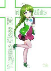 Rule 34 | 1girl, ahoge, aqua bow, aqua bowtie, blue eyes, bow, bowtie, braid, character name, finger to mouth, fingerless gloves, full body, gloves, green footwear, green hair, green jacket, grey gloves, highres, jacket, kantai collection, letterman jacket, long hair, looking at viewer, mole, mole under mouth, multicolored clothes, multicolored jacket, pink thighhighs, purple skirt, purple vest, shoes, single braid, skirt, sneakers, solo, thighhighs, two-tone jacket, very long hair, vest, yuugumo (kancolle), yuugumo kai ni (kancolle), zanne