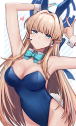 Rule 34 | 1girl, absurdres, animal ears, aqua bow, aqua bowtie, armpits, arms up, backless leotard, blonde hair, blue archive, blue background, blue bow, blue eyes, blue halo, bow, bowtie, braid, covered navel, detached collar, dot nose, double v, earpiece, expressionless, fake animal ears, fake tail, floating hair, french braid, hair bow, hair intakes, hair over shoulder, halo, heart, highres, leotard, long hair, looking at viewer, multicolored hair, playboy bunny, rabbit ears, rabbit tail, shiro (branch0126), sidelocks, strapless, strapless leotard, streaked hair, tail, thong leotard, toki (blue archive), toki (bunny) (blue archive), two-tone background, v, very long hair, white background