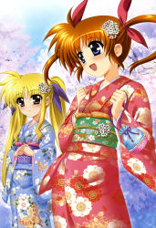 Rule 34 | 00s, 2girls, absurdres, blonde hair, blue eyes, blush, brown hair, cherry blossoms, cloud, day, fate testarossa, flower, hair flower, hair ornament, higa yukari, highres, japanese clothes, long hair, lyrical nanoha, mahou shoujo lyrical nanoha, multiple girls, non-web source, nyantype, official art, open mouth, purple eyes, red eyes, red hair, short twintails, sky, takamachi nanoha, twintails