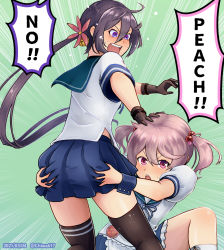 Rule 34 | 2girls, akebono (kancolle), apron, ass, ass grab, bell, black gloves, black socks, blue sailor collar, blue skirt, blush, chiwa (chiwa0617), dated, english text, flower, frills, gloves, green background, hair bell, hair between eyes, hair bobbles, hair flower, hair ornament, highres, kantai collection, kneehighs, long hair, multiple girls, open mouth, pink eyes, pink hair, ponytail, purple hair, sailor collar, sazanami (kancolle), sazanami kai (kancolle), school uniform, serafuku, short sleeves, short twintails, simple background, skindentation, skirt, socks, speech bubble, sweat, tears, thighhighs, twintails, twitter username, waist apron, white legwear