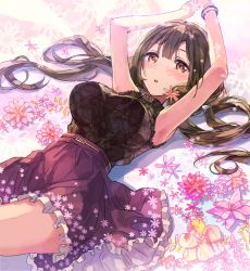 Rule 34 | 1girl, armpits, arms up, bare shoulders, black shirt, blush, breasts, brown eyes, brown hair, floral print, flower, idolmaster, idolmaster shiny colors, kuwayama chiyuki, large breasts, long hair, looking at viewer, lying, on back, open mouth, purple skirt, roudo (idolnoatm), shirt, skirt, sleeveless, sleeveless shirt, solo, thighs, twintails