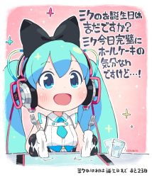 Rule 34 | 1girl, absurdres, aqua eyes, aqua hair, aqua necktie, artist name, banging, birthday, black bow, blush, bow, cable, chibi, commentary, cup, drinking glass, fork, framed breasts, gloves, hair bow, hair ornament, hatsune miku, headphones, highres, holding, holding fork, len (a-7), long hair, magical mirai (vocaloid), magical mirai miku, magical mirai miku (2016), motion lines, necktie, official art, open mouth, pink background, shaking, shirt, short necktie, sitting, sleeveless, sleeveless shirt, smile, solo, sparkle, table, translated, twintails, two-handed, upper body, very long hair, vocaloid, white gloves, white shirt