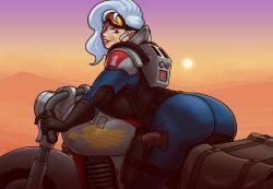 Rule 34 | 1girl, armor, ass, back, backboob, backpack, bag, blazbaros, bodysuit, breast press, breasts, commission, desert, elbow pads, forehead ridges, genestealer, goggles, goggles on head, gun, handgun, high collar, holstered, huge ass, huge breasts, imperium of man, motor vehicle, motorcycle, pistol, purple eyes, purple lips, seductive smile, sideboob, smile, solo, thick thighs, thighs, warhammer 40k, weapon, white hair, wide hips