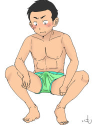Rule 34 | 1boy, bulge, crotch, erection, imo (pixiv14257174), male focus, topless male, sitting, solo, underwear