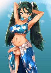 Rule 34 | 10s, 1futa, aqua eyes, armpits, arms behind head, arms up, bare shoulders, bikini, bikini top only, blue eyes, blush, breasts, covered erect nipples, dark skin, erection, floral print, full-package futanari, futanari, green hair, hair between eyes, hair ornament, hair ribbon, isuzu (kancolle), kantai collection, large breasts, long hair, looking at viewer, midriff, navel, newhalf, nipples, open mouth, penis, precum, ribbon, simple background, smile, solo, standing, sweat, swimsuit, testicles, tight clothes, twintails, ubanis, uncensored, veins, veiny penis, wide hips