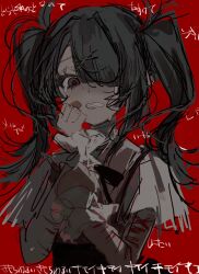 Rule 34 | 1girl, ame-chan (needy girl overdose), black eyes, black hair, black ribbon, blood, blood on arm, clenched hands, collared shirt, crying, crying with eyes open, cuts, frown, hair ornament, hair over one eye, hands up, hashtag-only commentary, highres, injury, long hair, looking at viewer, neck ribbon, needy girl overdose, open mouth, red background, ribbon, scar, scar on arm, self-harm, self-harm scar, shirt, shitose, solo, tears, teeth, translation request, twintails, upper body, x hair ornament