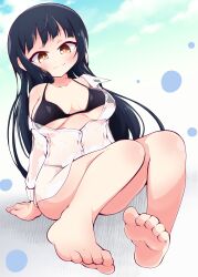 Rule 34 | 1girl, absurdres, arm support, bare legs, barefoot, bikini, black bikini, black hair, blue sky, blush, boku no kokoro no yabai yatsu, breasts, closed mouth, cloud, collarbone, eyebrows, female focus, foot focus, full body, highres, knees together feet apart, knees up, large breasts, leaning back, long hair, long sleeves, looking down, mole, mole on neck, naughty face, no nose, open clothes, open shirt, shinsou komachi, shirt, single bare shoulder, sitting, sky, smug, solo, swimsuit, toes, wet, wet clothes, white shirt, yamada anna, yellow eyes