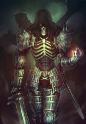 Rule 34 | 1boy, armor, dark souls (series), dark souls i, dark wraith, full armor, glowing, glowing eye, gradient background, hood, male focus, mask, moni158, ruins, skeleton, skull, solo, sword, weapon