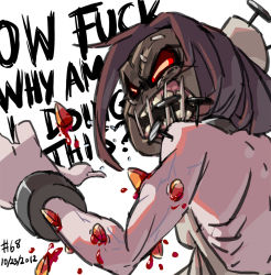 Rule 34 | 1girl, 2012, angry, backless outfit, blood, breasts, brown hair, candy, candy corn, cuffs, dated, drawfag, english text, food, happy birthday, junkpuyo, mask, nail, nail polish, object insertion, open mouth, pain, painwheel (skullgirls), parody, ponytail, profanity, red eyes, scar, shackles, short hair, sideboob, skullgirls, solo, toned, veins