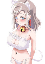 1girl alternate_costume animal_ear_fluff animal_ear_hairband animal_ears bell blue_eyes blush bra breasts cat_cutout cat_ear_hairband cat_ears cat_lingerie cat_tail ceras_yanagida_lilienfeld cleavage cleavage_cutout clothing_cutout fake_animal_ears fake_tail grey_hair hair_ribbon hairband highres jingle_bell large_breasts link!_like!_love_live! long_hair looking_at_viewer love_live! meme_attire navel neck_bell orange_ribbon panties parted_lips pisagi ribbon side-tie_panties sidelocks simple_background solo standing stomach swept_bangs tail underwear underwear_only white_background white_bra white_hairband white_panties