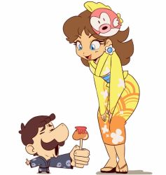 Rule 34 | 1boy, 1girl, big nose, blue eyes, blush, breasts, brown footwear, brown hair, candy apple, cheep cheep, clenched hand, closed eyes, earrings, facial hair, flat color, floral print, flower earrings, food, ghost print, grey kimono, happy, holding, holding food, japanese clothes, jewelry, kimono, leaning forward, light blush, long hair, long sleeves, looking at another, looking down, luigi, mario (series), mario kart, mario kart tour, mask, mask on head, mini person, miniboy, mustache, nintendo, obi, official alternate costume, open mouth, princess daisy, princess daisy (yukata), sandals, sash, short hair, small breasts, smile, stellarspin, yellow kimono