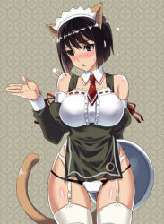 Rule 34 | 1girl, animal ears, apron, bare shoulders, black eyes, black hair, blush, breasts, cat ears, cat tail, crest, detached collar, embarrassed, etou toshiko, family crest, frills, garter belt, garter straps, headdress, honeycomb (pattern), honeycomb background, honeycomb pattern, kyogoku shin, large breasts, maid, maid apron, maid headdress, no pants, panties, short hair, solo, strike witches, strike witches zero, sweat, tail, thighhighs, tray, underwear, waitress, white thighhighs, world witches series