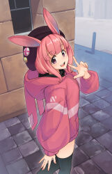 Rule 34 | 1girl, :d, animal ears, animal hood, arm at side, arukiru, black hat, black thighhighs, blunt bangs, brick floor, building, day, feet out of frame, from above, from side, hand up, hat, highres, hood, hood down, hoodie, jacket, light blush, long sleeves, looking at viewer, looking to the side, nail polish, open mouth, original, outdoors, pink eyes, pink hair, pocket, puffy long sleeves, puffy sleeves, rabbit ears, rabbit hood, red hoodie, red jacket, red nails, short hair, sidelocks, smile, solo, teeth, thighhighs, upper teeth only, v, walking, zettai ryouiki