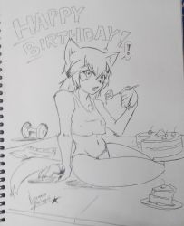 Rule 34 | 10s, 1girl, abs, animal ears, cake, clothing aside, collar, dog ears, dog girl, dog tail, dumbbell, eating, fang, female focus, food, fork, full body, furry, furry female, gradient background, hand wraps, happy birthday, headband, holding, holding fork, kobold, leaning to the side, looking at viewer, monochrome, monster girl, monster musume no iru nichijou, nayaase beleguii, open mouth, panties, polt, sharp teeth, shorts, shorts aside, unworn shorts, signature, sitting, solo, tail, tank top, teeth, thong, traditional media, underwear, underwear only