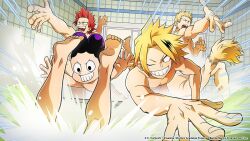 4boys armpits bathing bathroom black_eyes blonde_hair boku_no_hero_academia completely_nude horikoshi_kouhei kaminari_denki kirishima_eijirou male_focus mineta_minoru multiple_boys muscular muscular_male nude official_art ojiro_mashirao one_eye_closed pectorals purple_hair red_eyes red_hair sharp_teeth short_hair source_request spiked_hair submerged tail teeth tongue tongue_out yellow_eyes